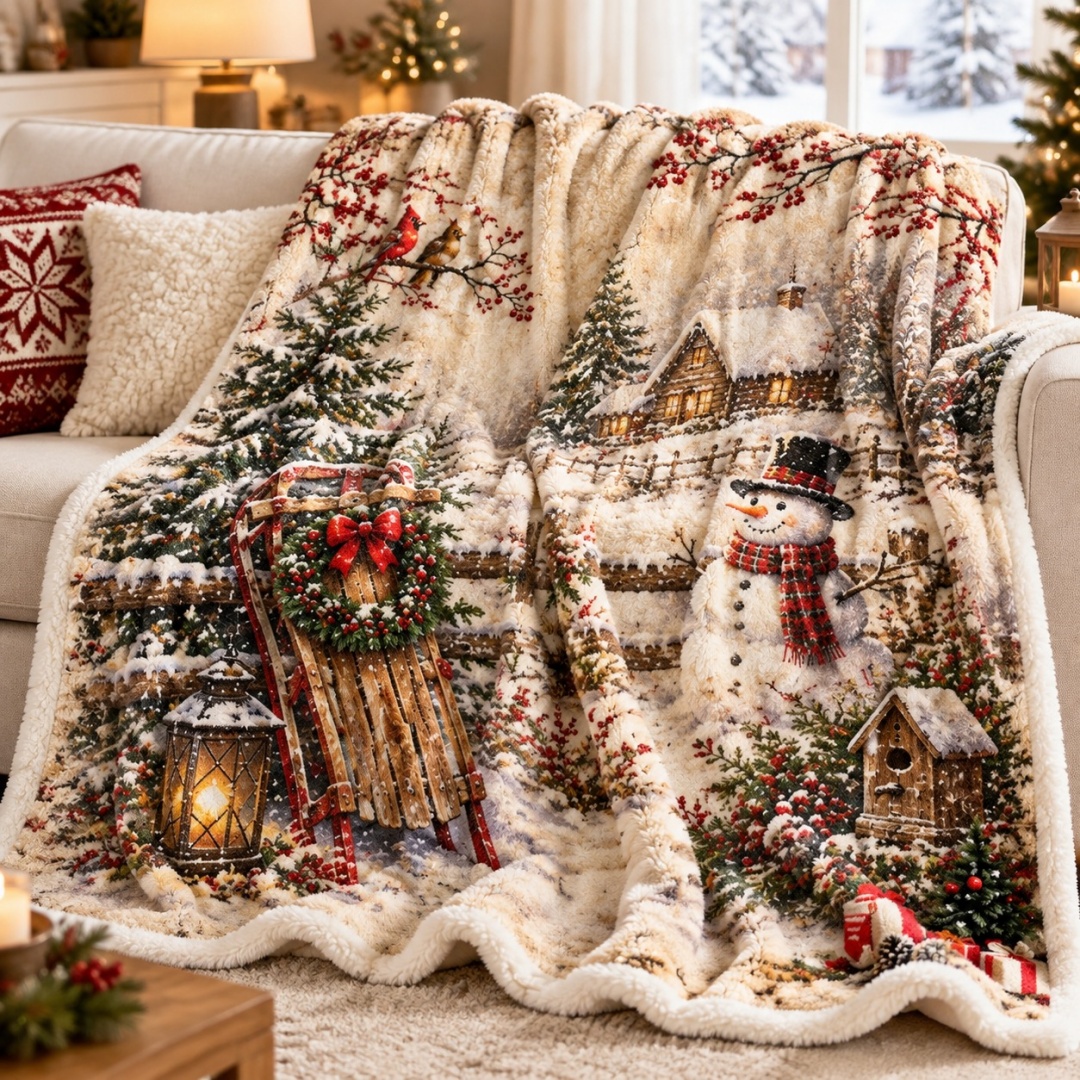 TEMU 1pc Cozy Snowman Sleigh Scene Plush Blanket, Cabin And Lantern Print Suitable For Sofa, Travel - Festive Theme Comfortable Blanket Artist Home