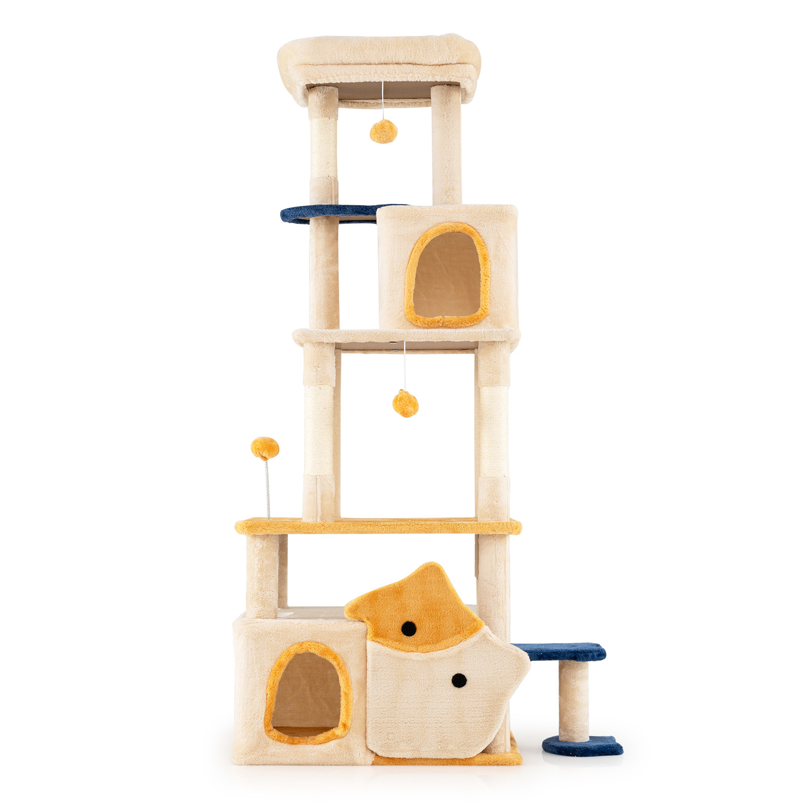 Image of Cute Cat Tree For Indoor Kittens, 163cm Large Kitty Tower W/ 2 Condos, Removable Plush Perch, Versatile Pet Furniture Activity Center