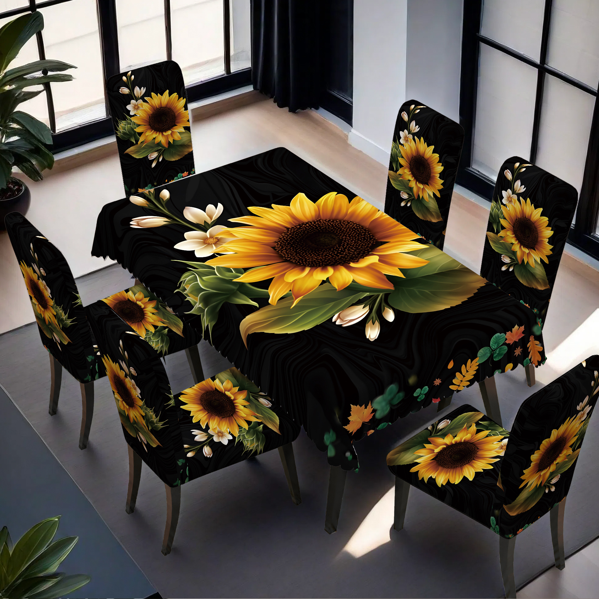 TEMU Set da 5/7 pezzi Tovaglia e Fodere per Sedie Stile con Stampa su Sfondo : 1 Tovaglia + 4 Fodere per Sedie / 1 Tovaglia + 6 Fodere per Sedie.