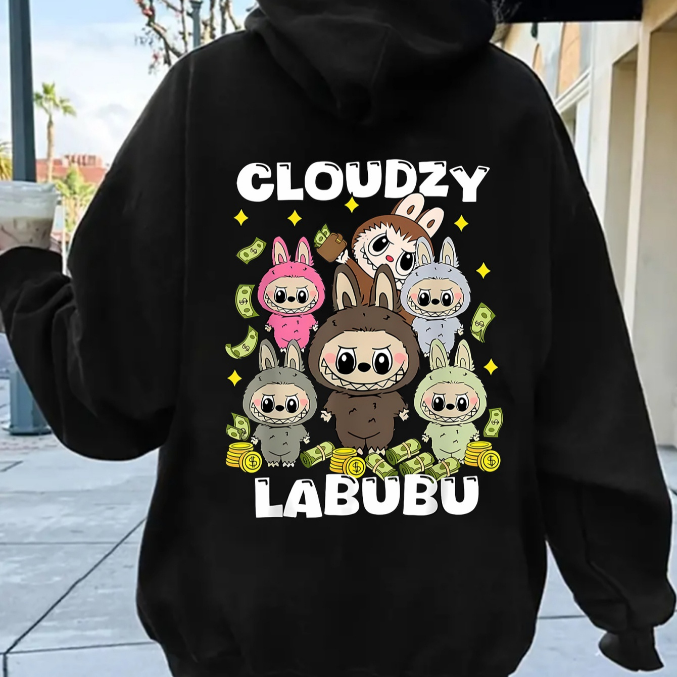 

Labubu Cartoon Graphic Kangaroo Pocket Hoodie - Casual Long Sleeve Active Pullover For Women, 100% Polyester Knit Fabric With Slight Stretch, Hooded Sweatshirt With Print Detail