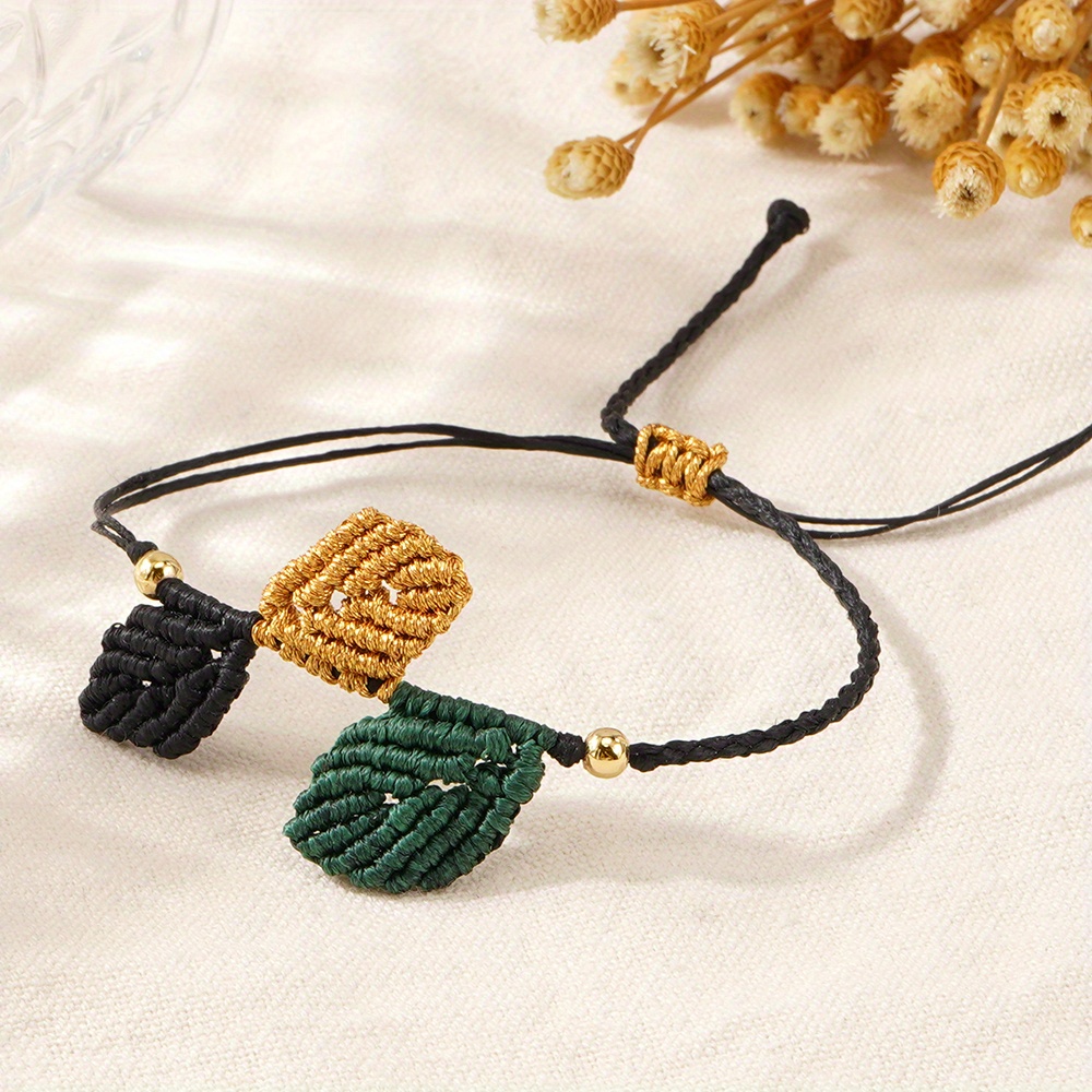 Women's Leaf Weave Rope Bracelet Three Colored Leaf Adjustable Knot