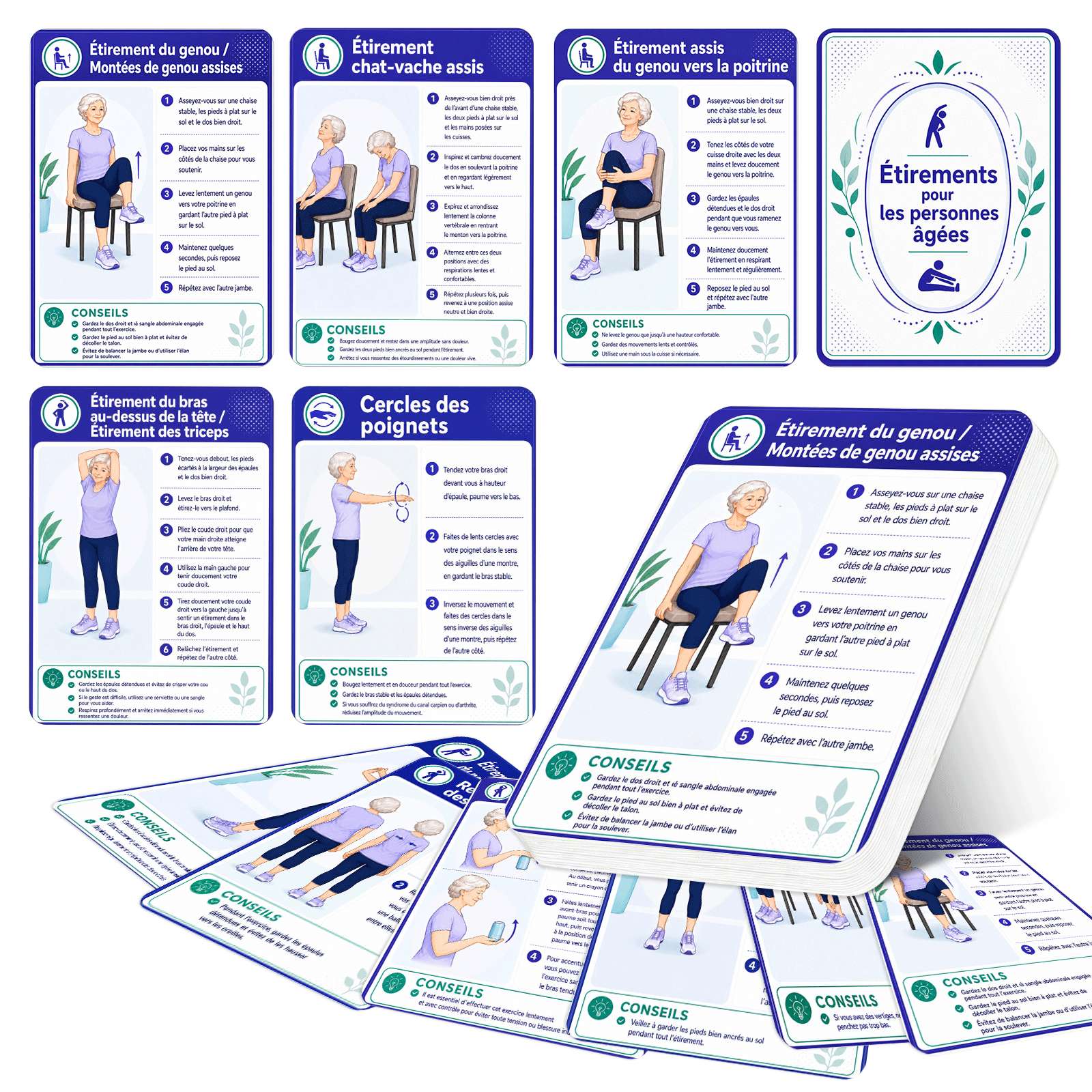 TEMU 55 cartes d'exercices d'étirement pour seniors, cartes d'étirement pour chaise et corps avec instructions par , routines faciles pour débutants,