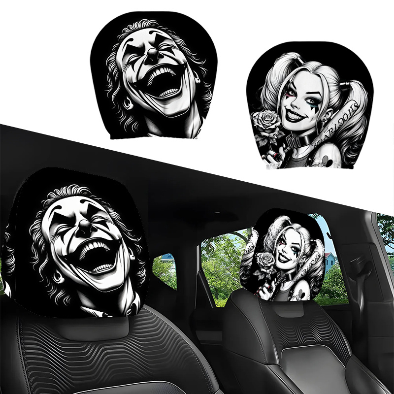 Set Of 2 . Joker Car Headrest Covers, Featuring An , Suitable For All Car Models. Lightweight Polyester Covers Have No Filler And Are Designed For Use