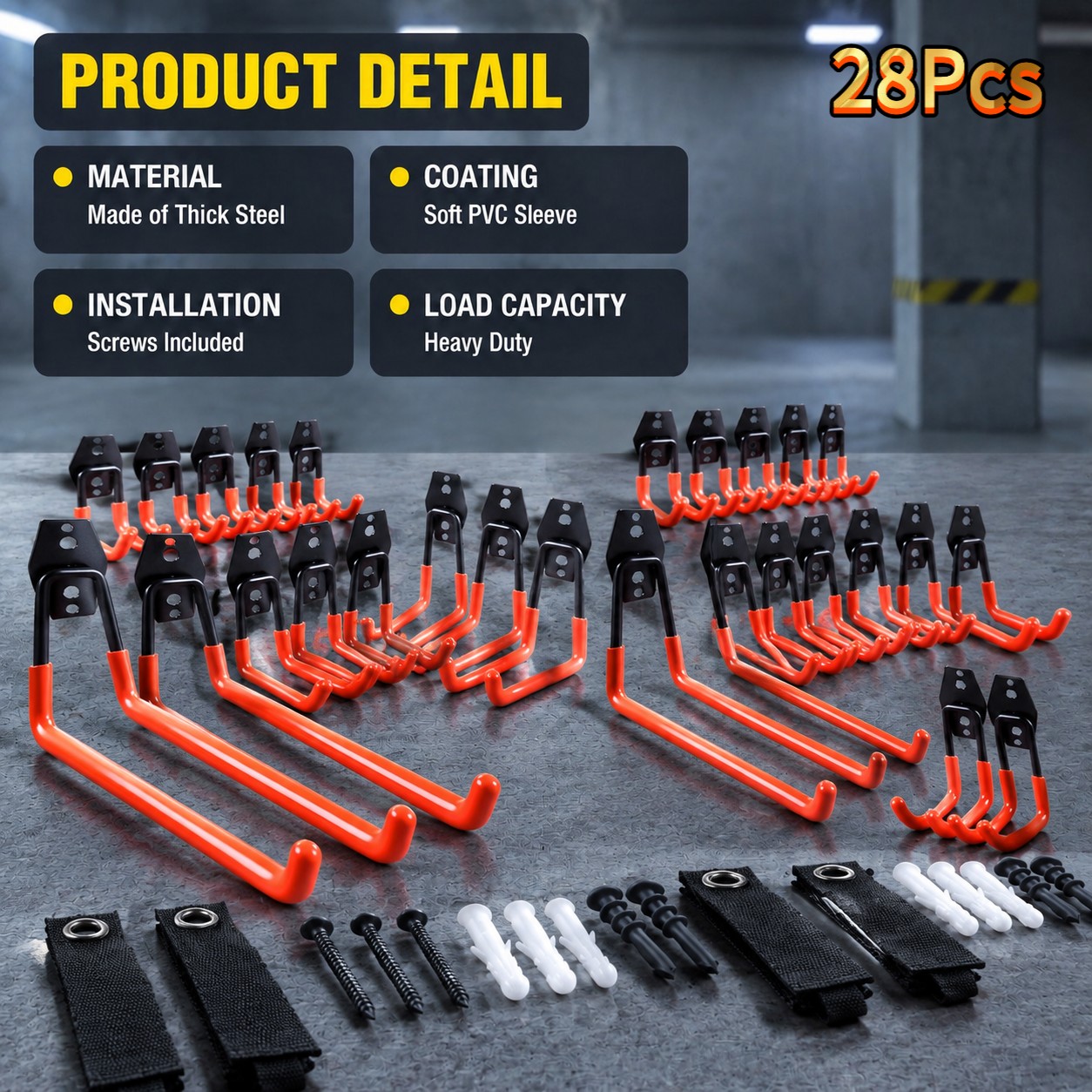 Image of 28pcs Steel Garage Hooks, Orange U& L Shape Double Wall Hooks, Wall Mount Hanging Rack For Garage Workshop Equipment Storage
