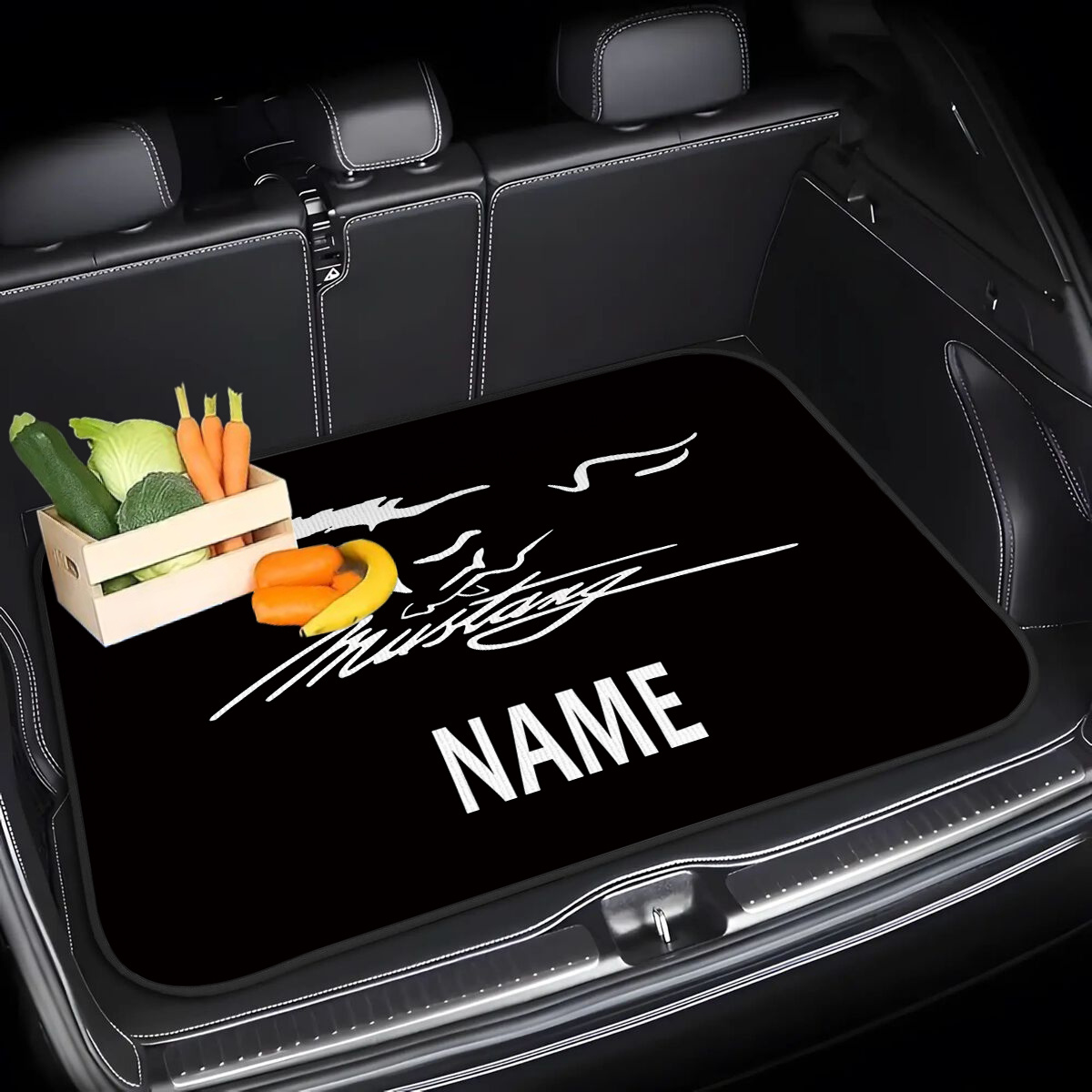 TEMU 1pc Personalized Car Trunk Mat - Suitable For All Car Models - Customizable Name/text With Mustang Silhouette Design, Soft Fabric Fits Trunk