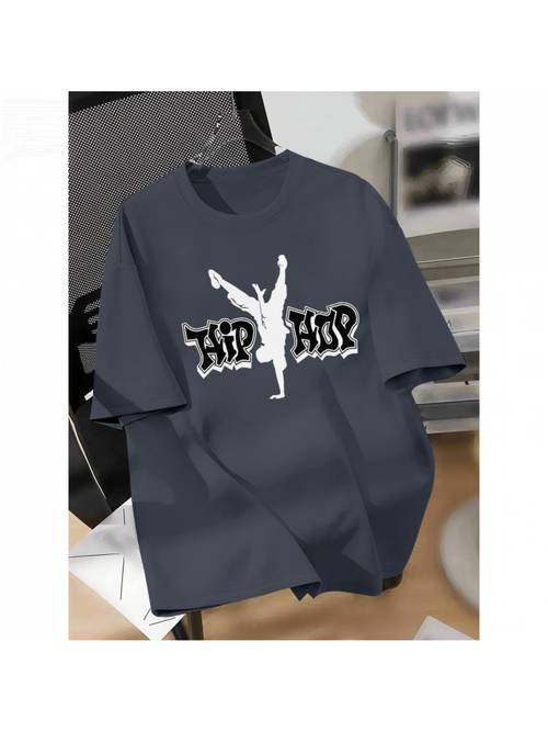 품목 사진 힙합 프린트 폴리에스터 남성 티셔츠, 트렌디한 라운드넥 반팔, 약간의 스트레치, 여름 티셔츠, 캐주얼 외출, 여행