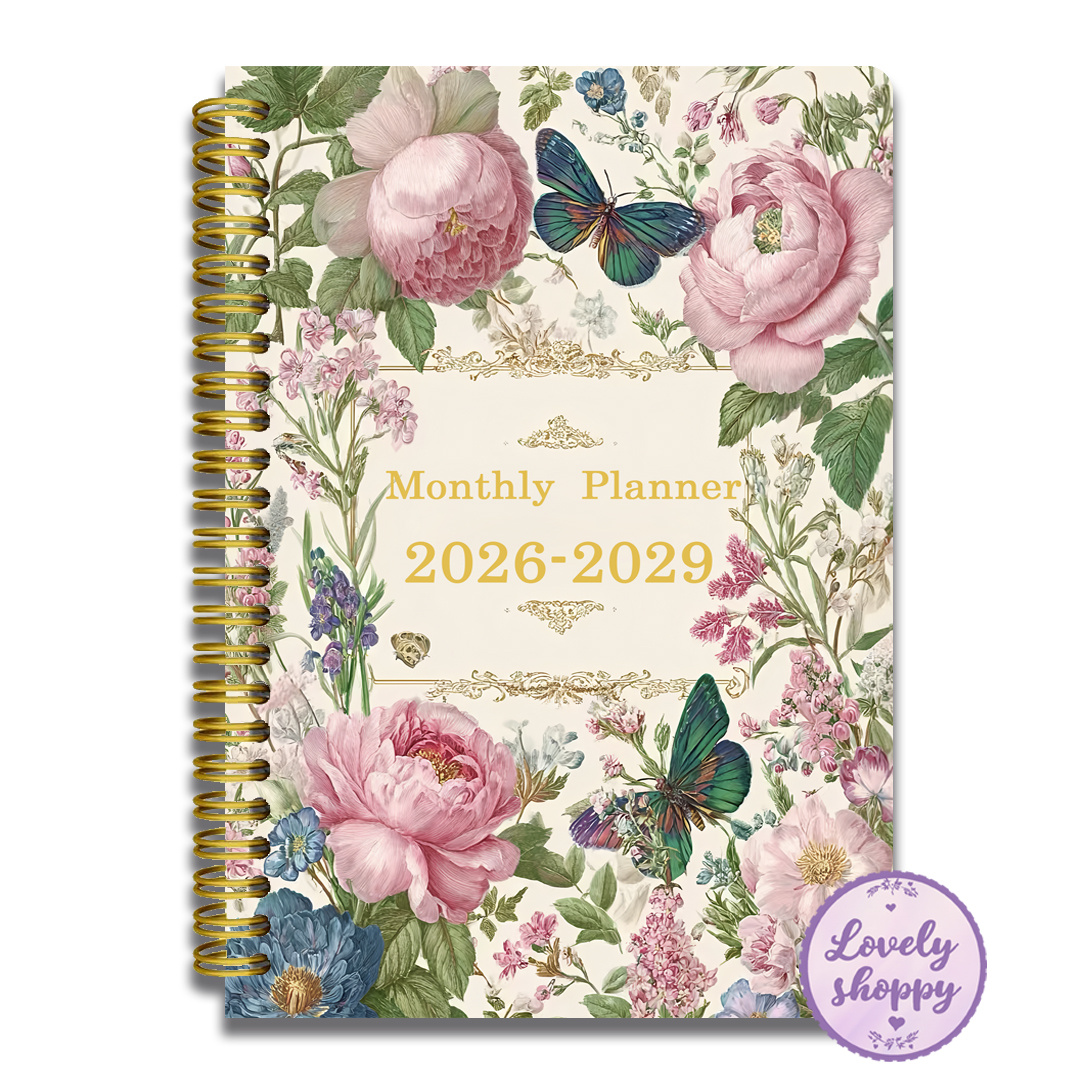 TEMU Libro de planificación mensual con diseño floral retro 2026-2029, elegante diseño de peonía y con encuadernación en dorada, patrones elegantes y