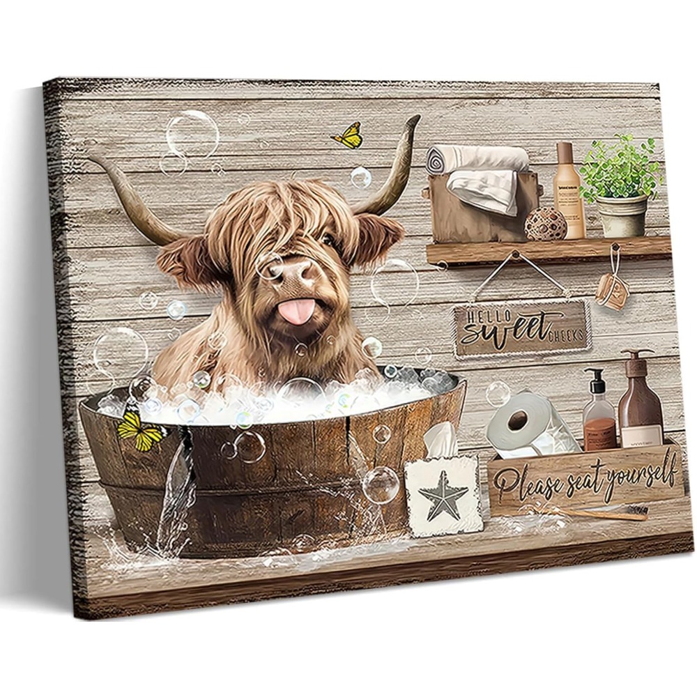 TEMU 2d Flat, 2d Flat, 1pc Of Framed Canvas Wall Art Featuring A Highland Cow In Various Sizes, Perfect For Rustic Farmhouse Decor. This Humorous