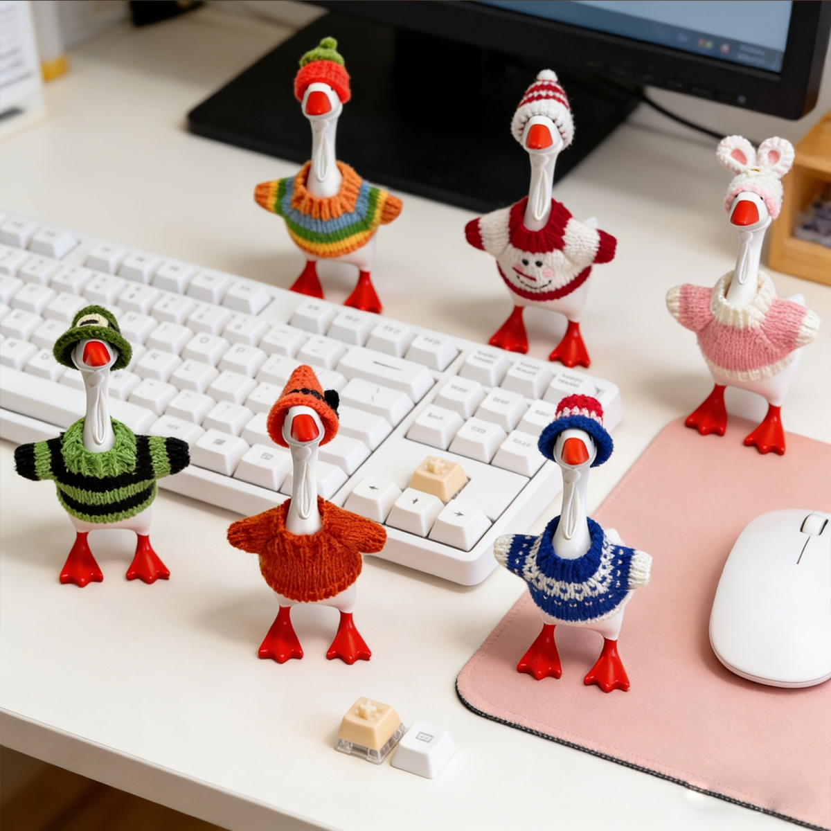 6pcs 6 pack suitable for duck goose figurine outfits 7 inch small goose duck sweater hat costume set snowflake bunny winter clothes tabletop decor for for home christmas decoration