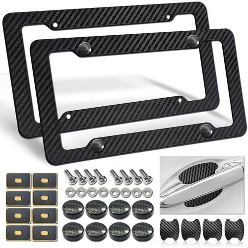 carbon fiber license plate frames pattern plastic front rear car tag holder cover 2 pack with mount hardware screws caps handlebar stickers