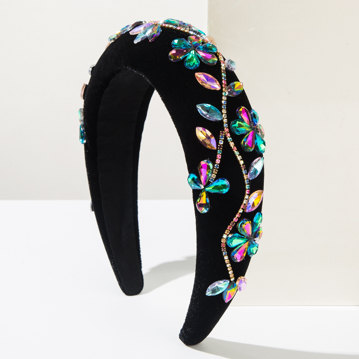 Image of Super Sparkly Rhinestone Headband - Baroque Style, Diamond-studded Velvet Headpiece, Wide Band, High Crown, Elegant Hair Accessory For Women
