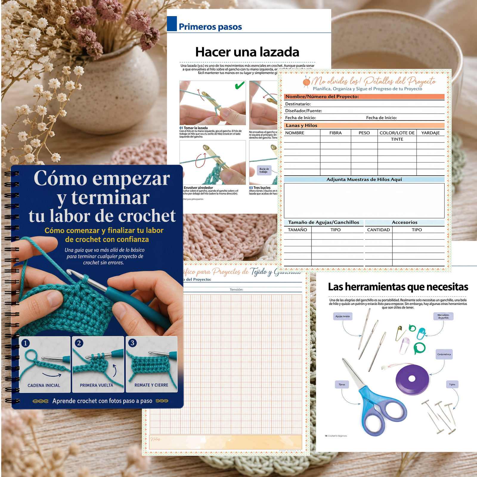 TEMU Versión en español - Cuaderno de crochet para principiantes, lecciones de manualidades con hilo hechas a con registros de patrones fáciles,