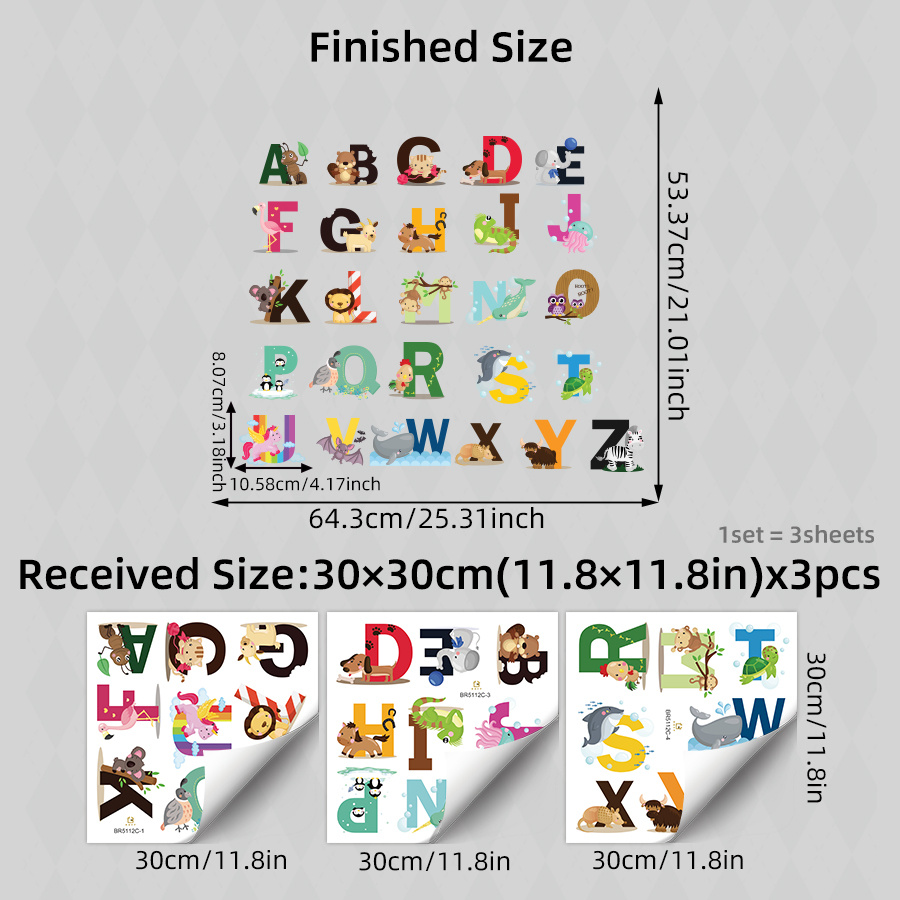 3 Sheets Animal Alphabet Wall Decals - A To Z Learning Peel And Stick Wall Stickers For Kids Room Nursery Classroom,school Decor