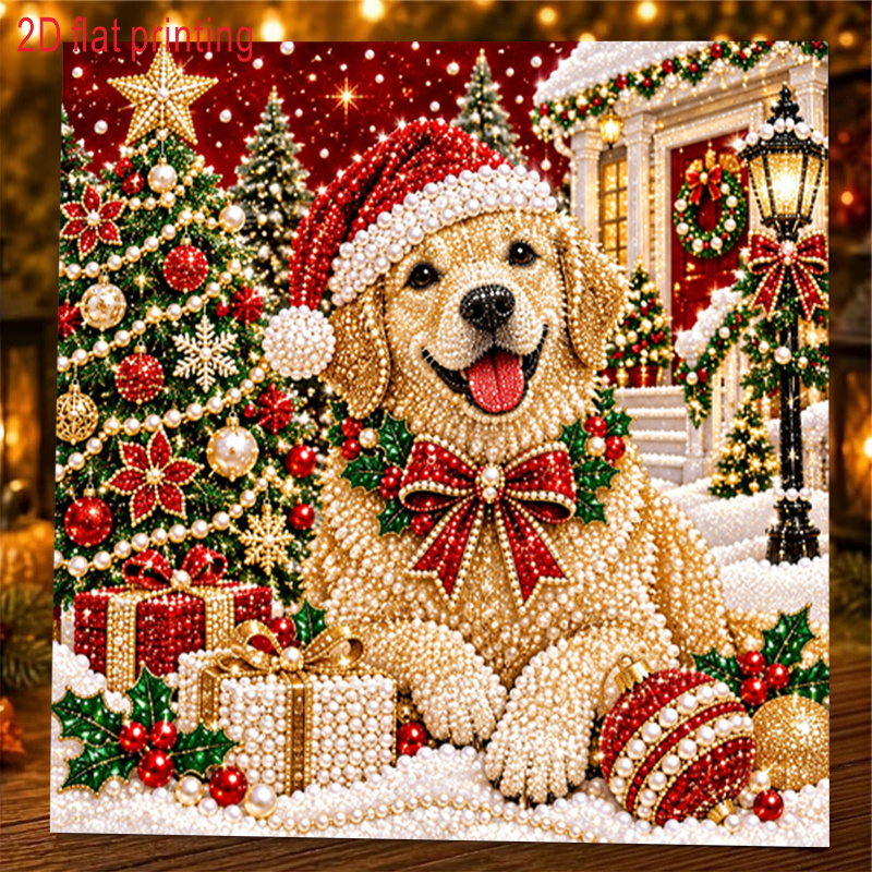 TEMU 1 pièce, Impression 2D à plat, Kit de peinture diamant art représentant un Golden Retriever portant un bonnet de Père Noël entouré de de Noël et