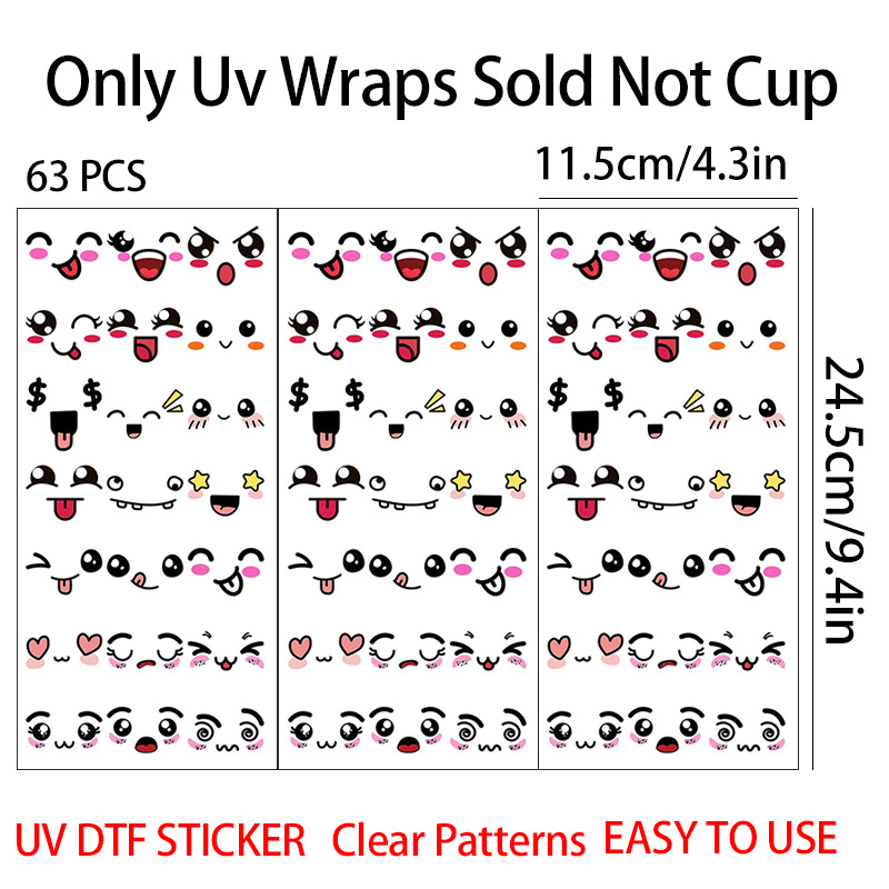 TEMU 63pcs Cute Cartoon Theme Uv Transfer Stickers - Suitable For Crafts, Cups, And Water Bottles, Self-adhesive Plastic Stickers, Cup Decorations,