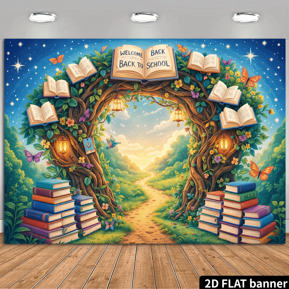 TEMU 2d Flat, 2d Flat - 2d Flat, 2d Flat - 2d Flat Banner, 1pc 2d Flat Back-to-school Theme Banner Background Cloth, Book , Featuring Books,