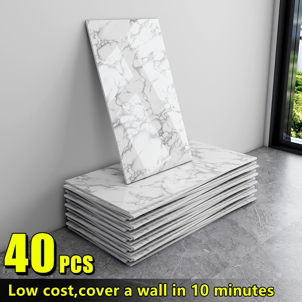 TEMU 20/40/60-pack Self-adhesive Marble Wall Panels Set -oversized White &grey/black Marble Sheets, Removable Vinyl Planks, Bathroom, Kitchen, Living