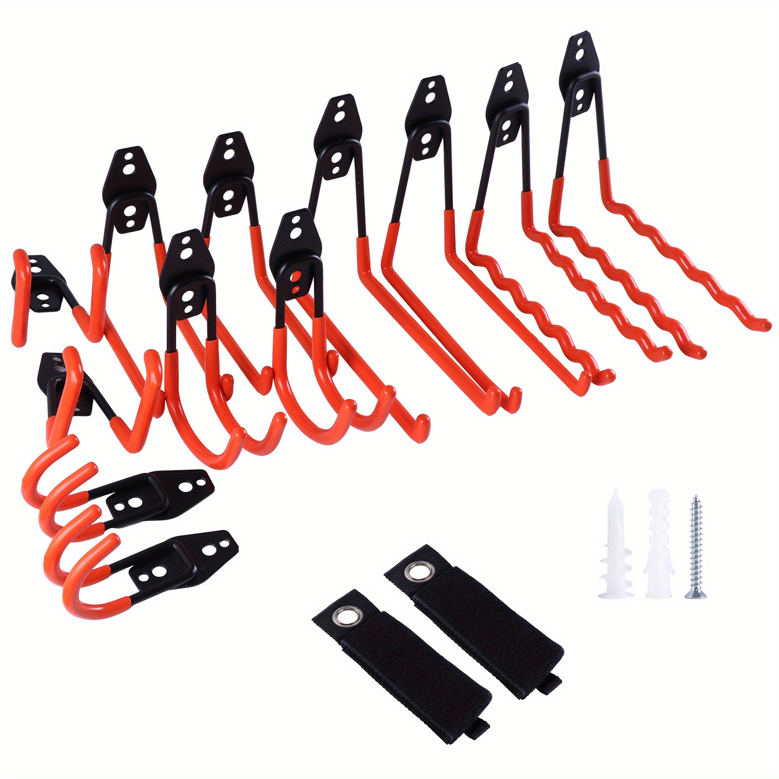 Image of Set Of 14 Wall Hooks, Oversized Metal Hooks Designed For Garage Organization, Suitable For Hanging Bicycles, Ladders, Chairs, Hoses, And Gardening Tools, In Orange Color
