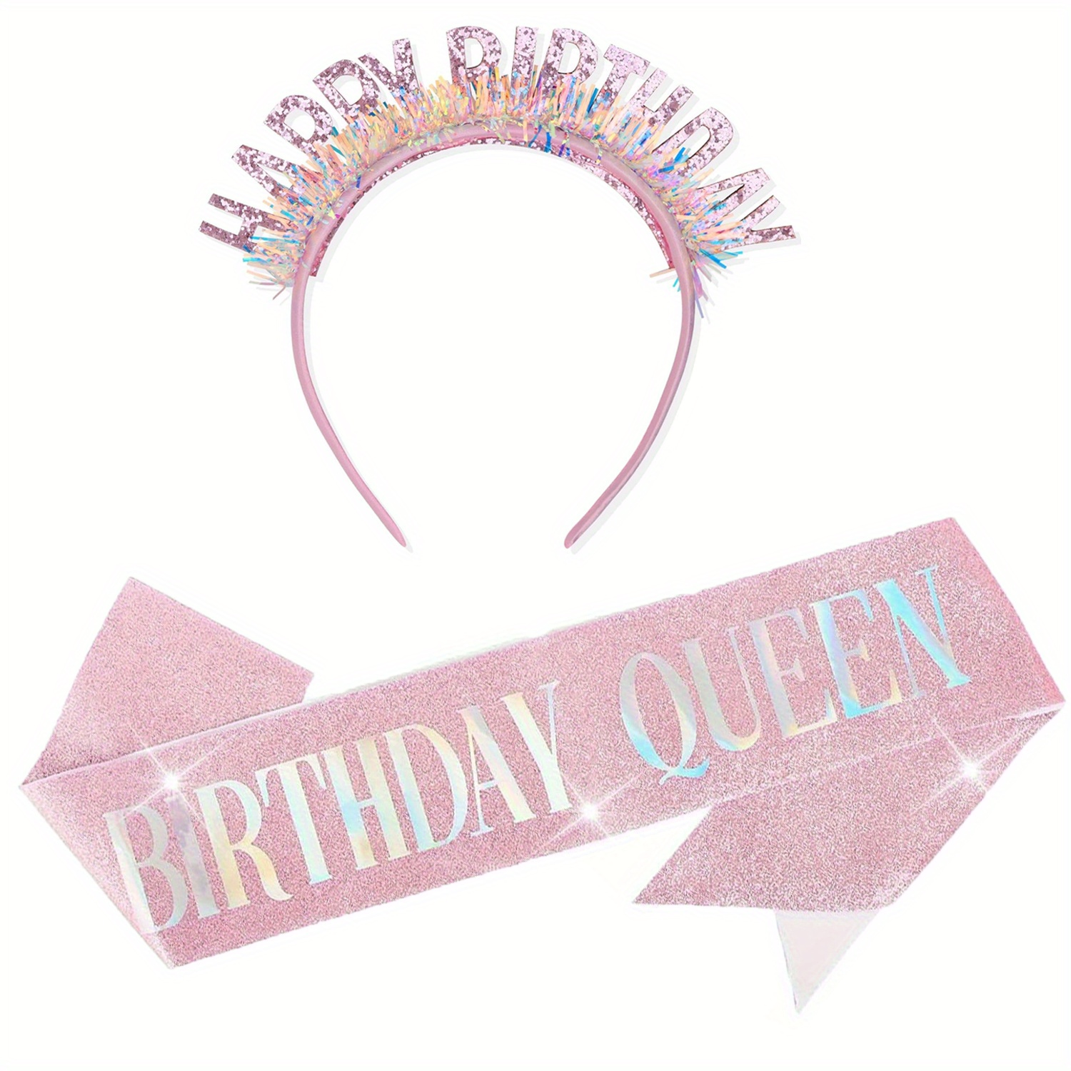 Image of 2pcs Birthday Queen Sash & Plastic Tiara Set Pink Birthday Sash And Tiara For Women Birthday Decoration Kit Happy Birthday Headband For Glitter Hair Accessories For Party Favor & Decorations