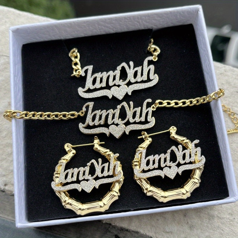 TEMU 3pcs Name Jewelry Set - Stainless Steel Bling Hoop Earrings, Bracelet & Necklace With Name/number/initials - Elegant Cursive/block Lettering,