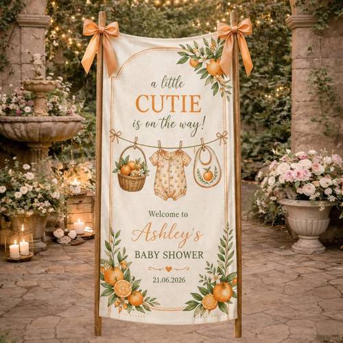 personalized little cutie baby shower banner citrus orange party welcome sign custom name polyester tapestry summer fruit theme decor decorative side ribbons not included