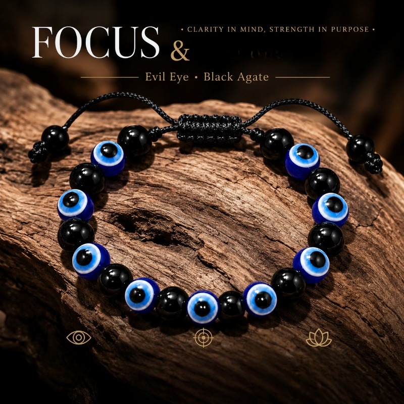 TEMU Turkish Evil Eye Black Onyx Bead Bracelet, And White Contrast Evil Eye Glass Bead With Black Shiny Round Beads, Hand-woven Flat Knot Adjustable