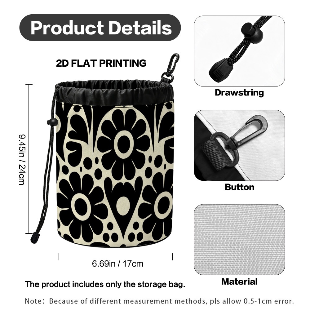 TEMU (2d Flat) 1pc Floral Black And Cream Clothespin Storage Bag. Drying Supplies, Convenient Drawstring Design, Perfect For And , A Neat Household,