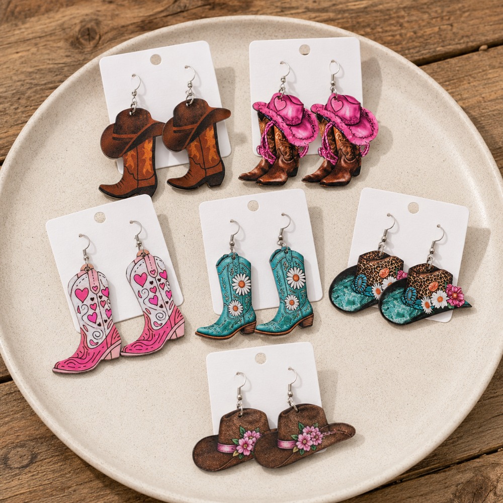 TEMU 12pcs/6 Pairs, Fashionable Western Cowboy Style Women's Earring Decoration Set, Colorful Boots And Flower Pattern, Suitable For Parties,