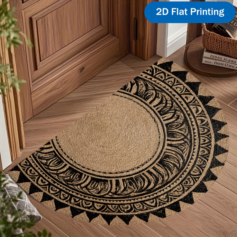 TEMU 1pc 2d Flat Printing Tribal Jute-like Texture Semicircular Welcome Doormat- Beige Black Tribal Pattern, Soft Indoor/outdoor Entry With Non-slip
