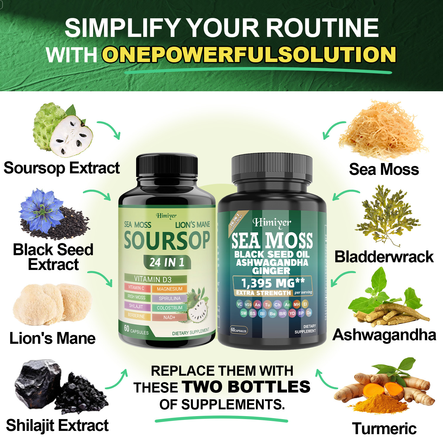 Himiyer 2 Bottles Soursop NAD+ & Sea Moss Daily Balance Capsules for Women & Men - Rhodiola Rosea, Ashwagandha, Shilajit, Berberine - Focus & Immune Health & Body Balance - Daily Gentle Lifestyle