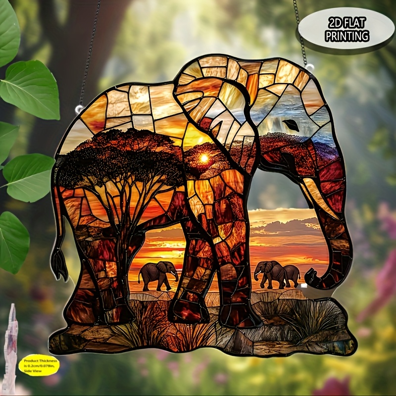 TEMU 2d Flat, 2d Sunset Elephant Pattern Garden Catcher, Window Hanging Decoration, Women's Gift, Mother's Birthday Gift, Elephant Decoration, Wall