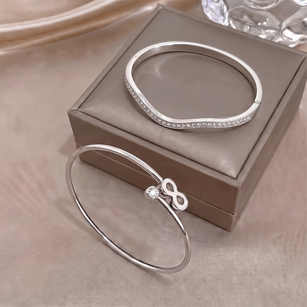 2pc Wavy Contour Double Bangle Set, Infinity Symbol