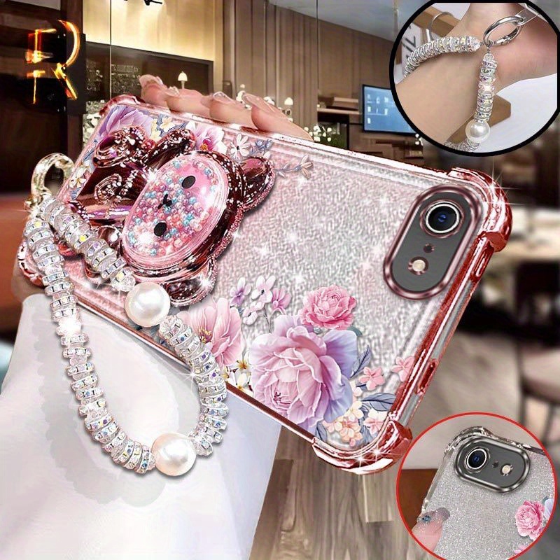 TEMU Phone Case: Durable Se (2020)phone Cases Comfortable Feel Romantic Rose And With White Bead Lanyard Pattern Case Suitable For Iphone Se (2020)