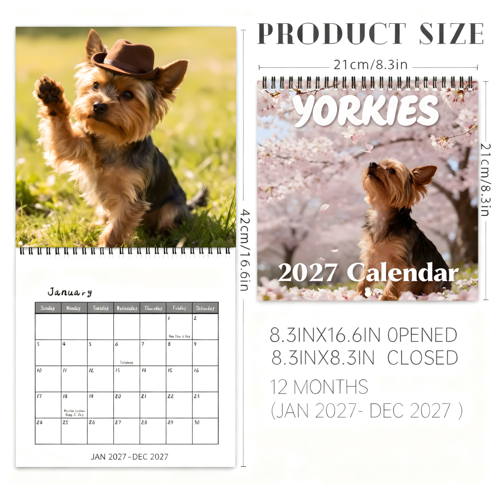 TEMU Yorkie Dog Cherry Spring Scene Planner, December Thick Coated Paper Spiral Double-sided Printing, 2027 Planner Wall Calendar, Home Or Office