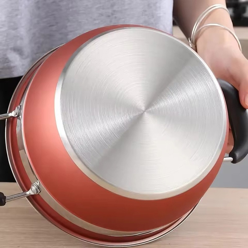 12 stainless steel combination pot orange red pot body including 4 pots 1 frying pan 1 milk pot and 6 lids thickened composite bottom anti burning ears suitable for family   and outdoor camping suitable for soup milk steak hot pot details 3