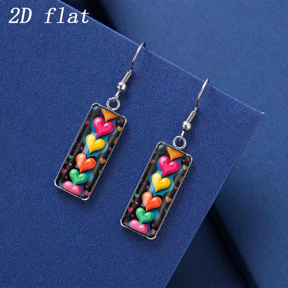 TEMU 2d Flat, 1 Pair Colorful Love Heart Pattern Time Gemstone Glass Earrings, Style, Rectangular Stainless Steel Ear Hooks, 2d Flat Design, Trendy &