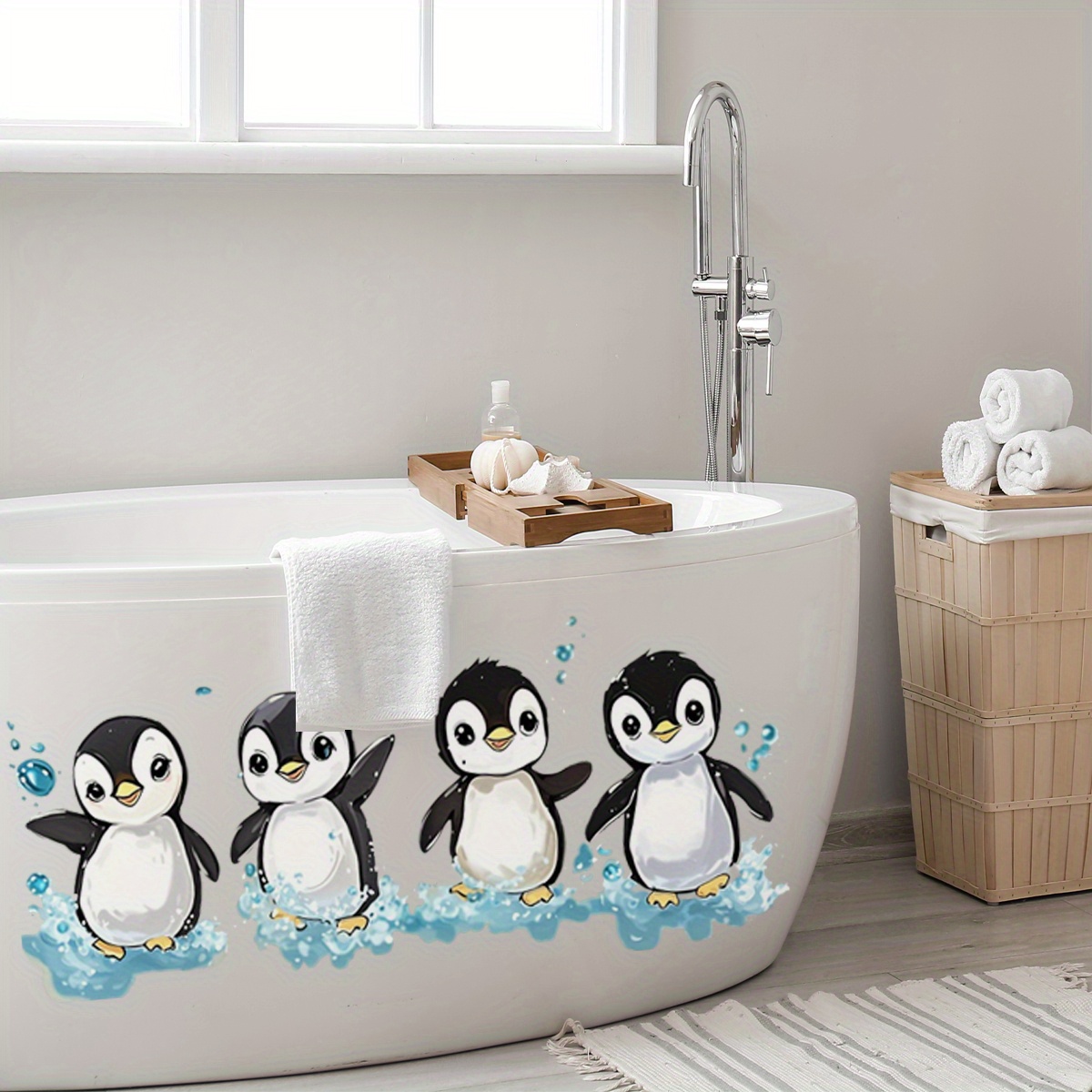 Adorable Penguin Bathing Scene Wall Stickers - Self-adhesive High Quality Plastic Decals For Bathtub, Bathroom, Living Room & Bedroom Decor - & Stick Home Decoration