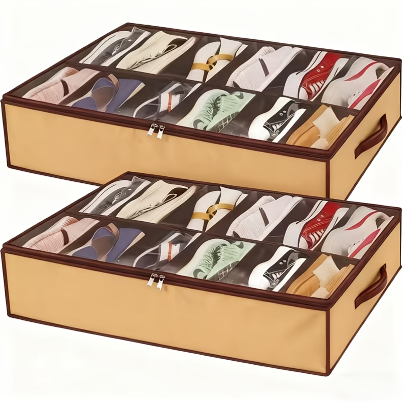 TEMU 2-pack 12-grid Transparent Shoe Rack With Secure Zipper Seal - Rugged Transparent Storage Box, Space-saving Shoe Cabinet, Suitable For Foyer,