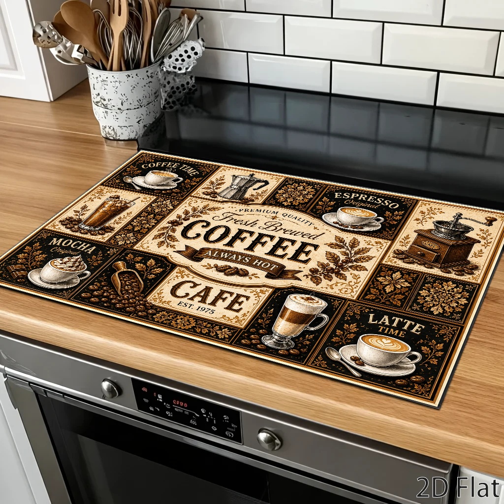 TEMU 1pc Tableware Drying Mat Retro Coffee Theme Stove Protector, Easy To Clean And Stain-resistant, Durable And Heat-resistant, Universal Protector