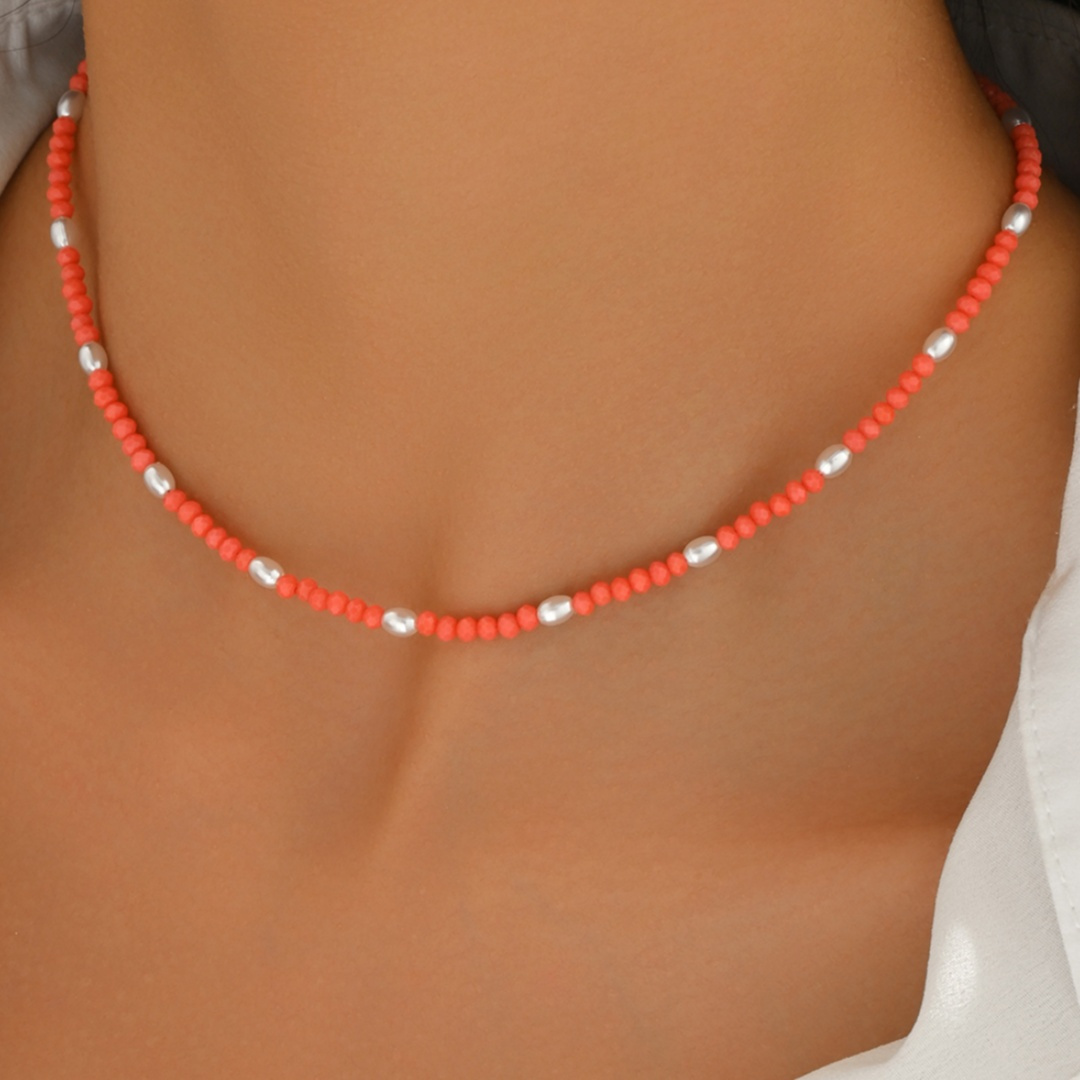 1pc Women's Bohemian Watermelon Red Glass Beaded Adjustable Necklace For Daily Wear, Vacation, And Parties, Valentine's Day Gift, Birthday Gift