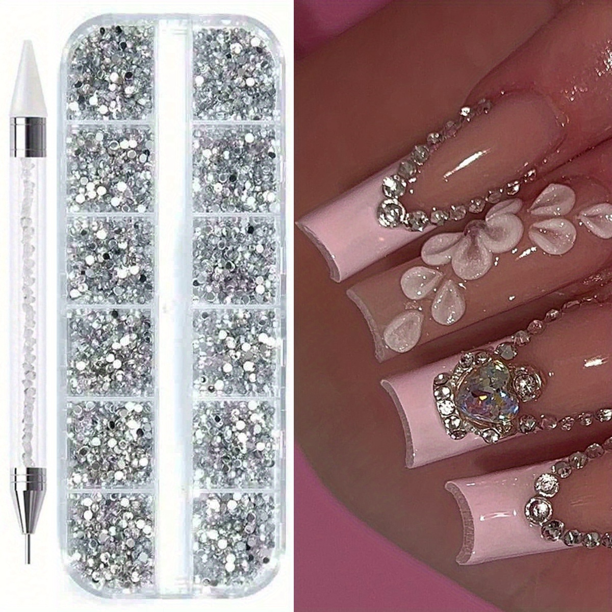 1/2/3pcs Nails Art Flat Back Acrylic Multicolor Rhinestones 3d Diy Decorations Glitter Synthetic Gemstone Professional Manicure Accessories With Dotting Tools