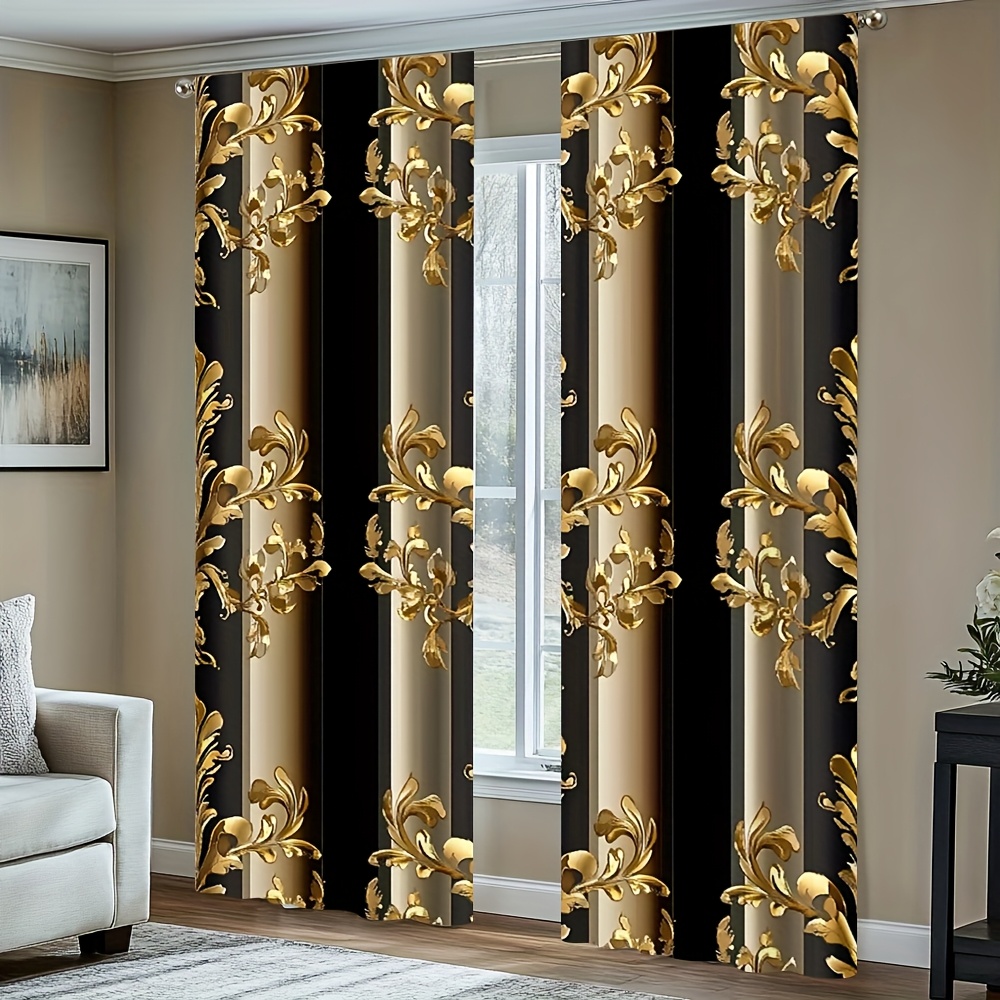 TEMU 2pcs Luxury Golden Floral Print Curtains - Elegant Black And Pole Living Room Office Bedroom Kitchen Or Vacation Home Pole Not Included Curtains