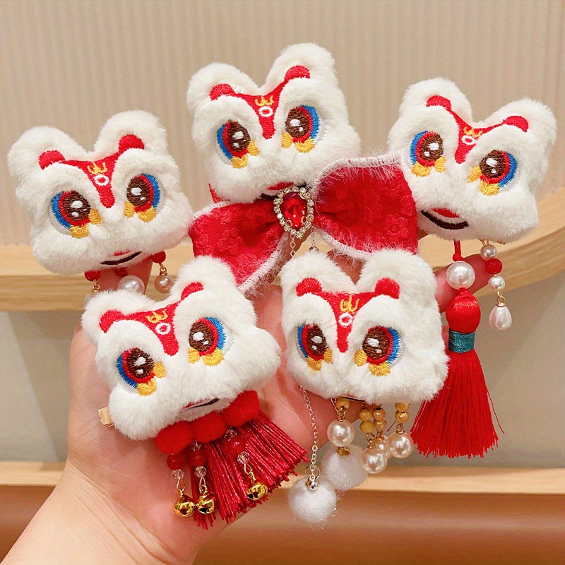 

2pcs Chinese Style Lion Pearl Tassel Hair Clip/ 's New Year's Red Cartoon Plush Animal Hair Pin/ Sweet Cute Hanfu Headwear