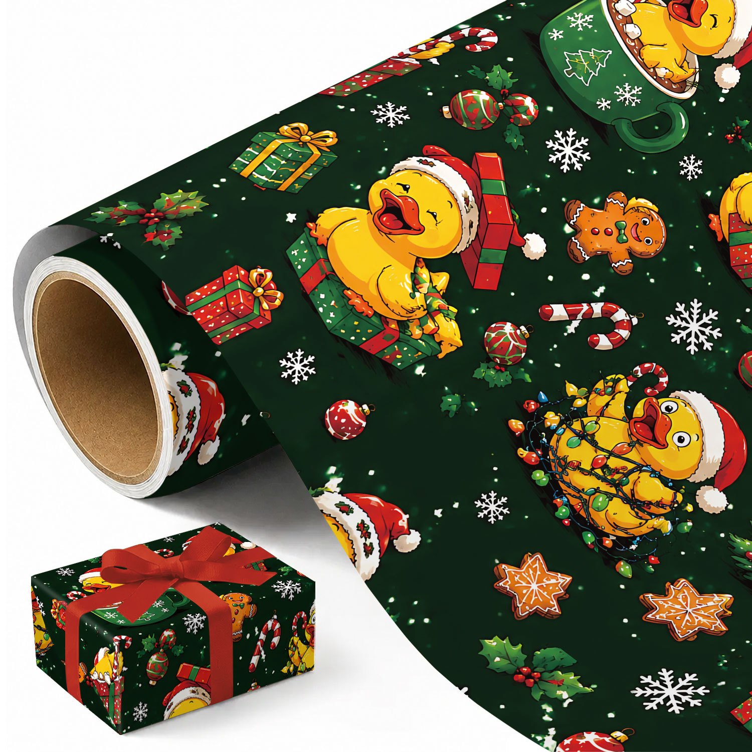 TEMU 1 Roll Duck-themed Christmas Wrapping Paper Suitable For Xmas Gifts, Holiday Party Supplies With Rubber Ducks, Santa Hats, Gingerbread , Holly &