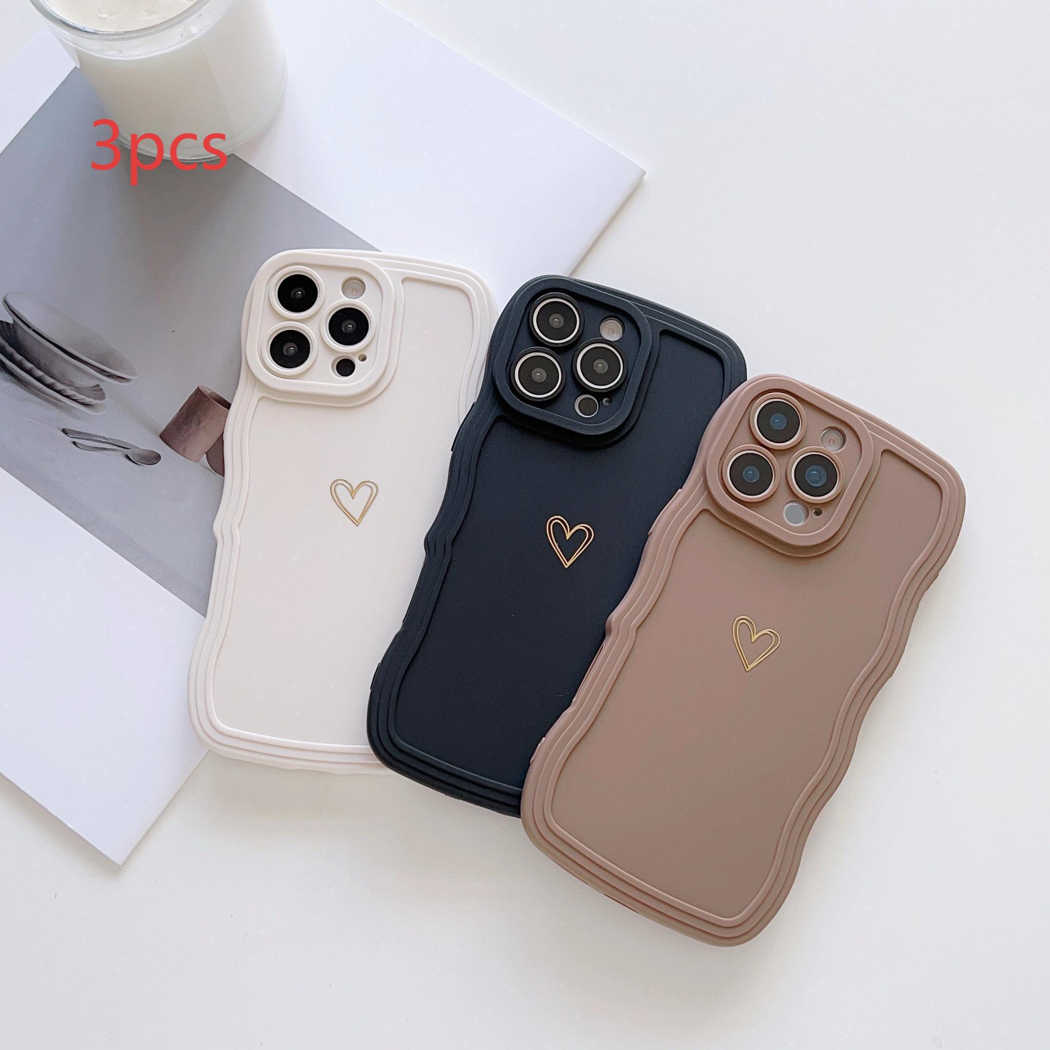 TEMU Phone Case: 3-pack Black, White, And Brown Fine-hole Large Wave Phone Case With And Simple Golden-stamped Heart Pattern. Suitable For Iphone