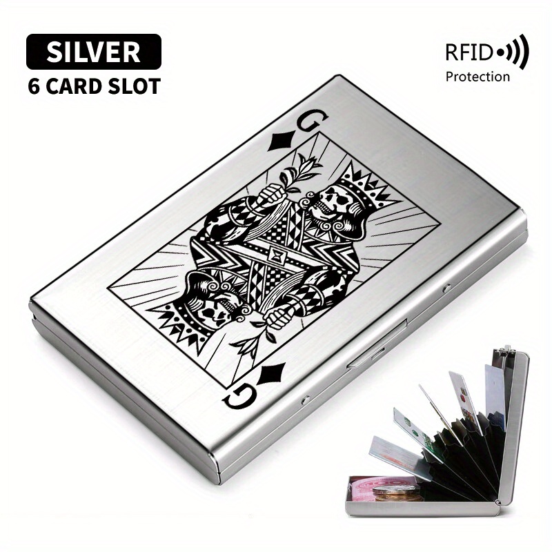 TEMU Porta carte unisex in metallo antifurto RFID con motivo Re che regge un ramo d', design a scomparsa, clip per carte ultrasottile satinata per