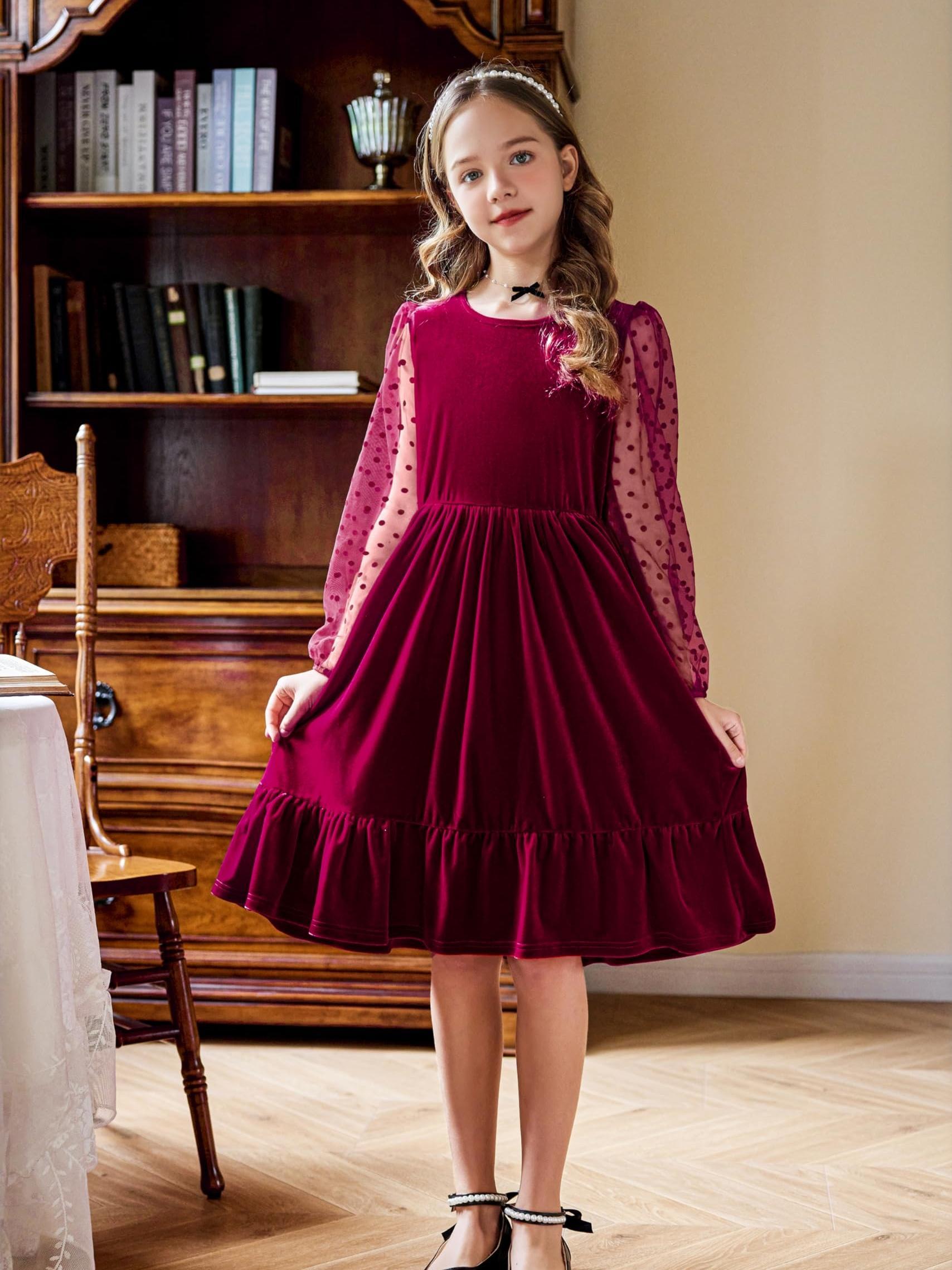 Girls Velvet Christmas Dress – Square Neck Long Sleeve With Pearl Waist, Kids Vintage Party Dress, Sizes 5-12 Red Green Special Occasion Wear
