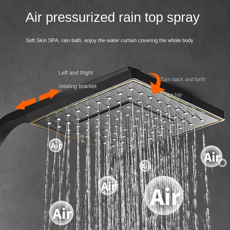 Luxury Black Golden Square Shower Head - Wall-Mounted with Extension Rod, 4 Adjustable Spray Settings, Stainless Steel & Painted Finish, Dual Function Controls for Full Body Coverage, No Electricity Needed