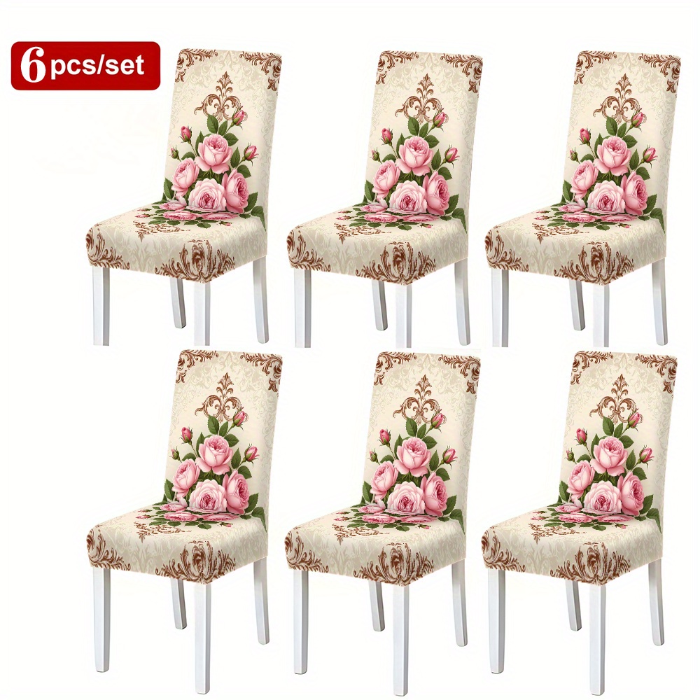 TEMU /2pcs/4pcs/6pcs Featuring A Rose Pattern Border Design, Machine Washable, Chair Covers Suitable For Living Rooms, Dining Rooms, Hotel Decor, And