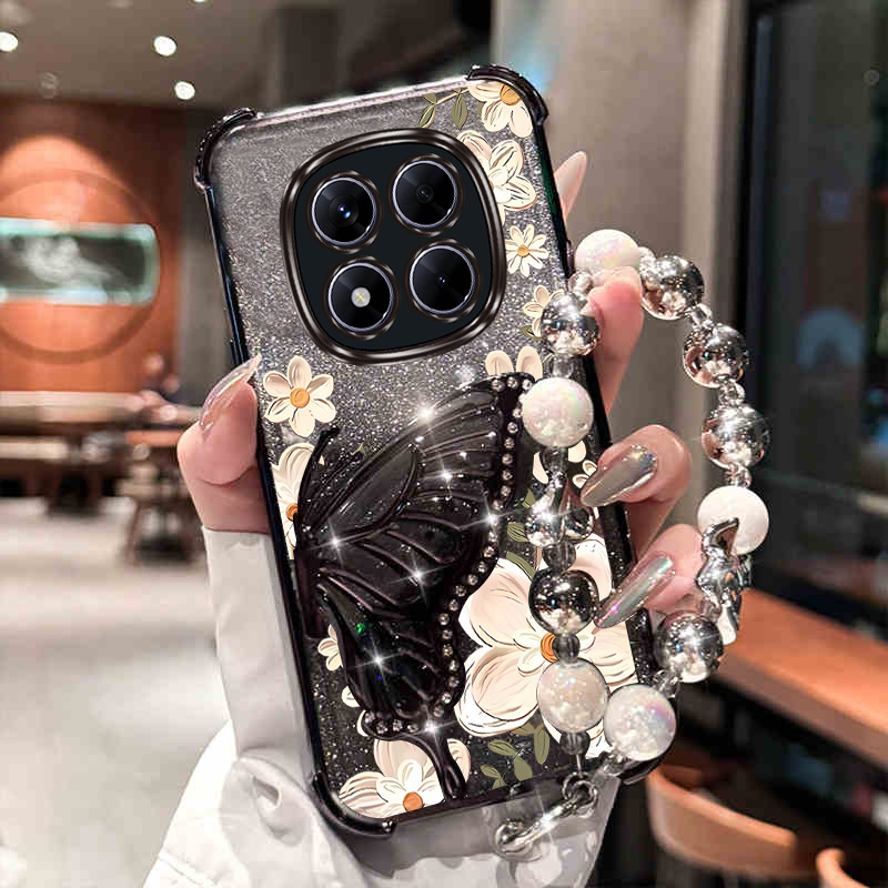 TEMU Coque de téléphone - Dragonne en perle, cordon à paillettes, support magnétique à fleur et papillon pour Xiaomi Redmi Note 14 Pro Plus 5G